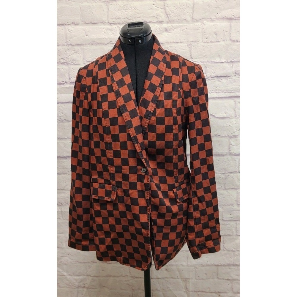 Maeve Anthropologie Rust Black Checkerboard Lyocell Blazer Jacket Womens‎ Size 2